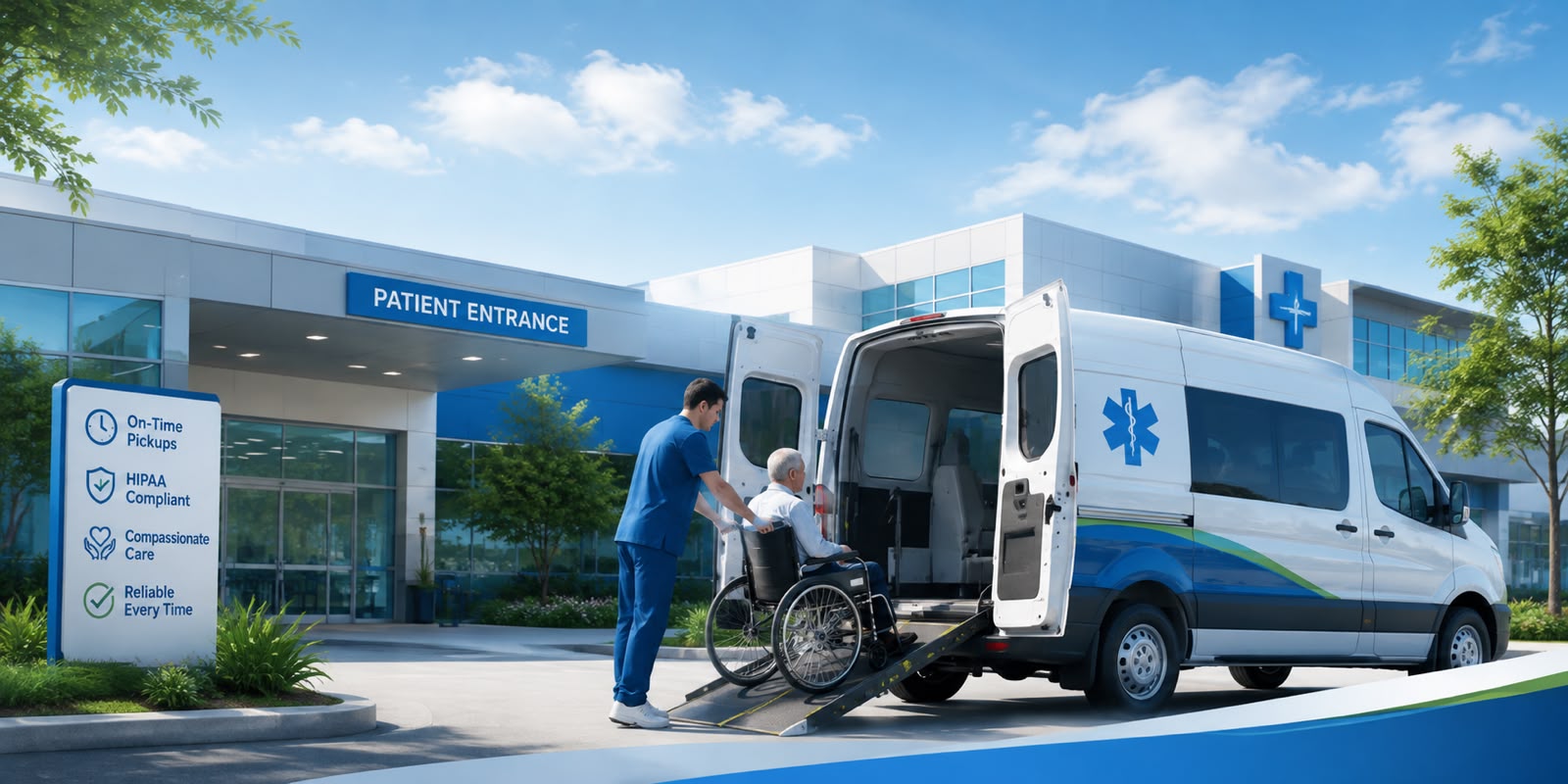 Medical transport vehicle with a compassionate healthcare team
